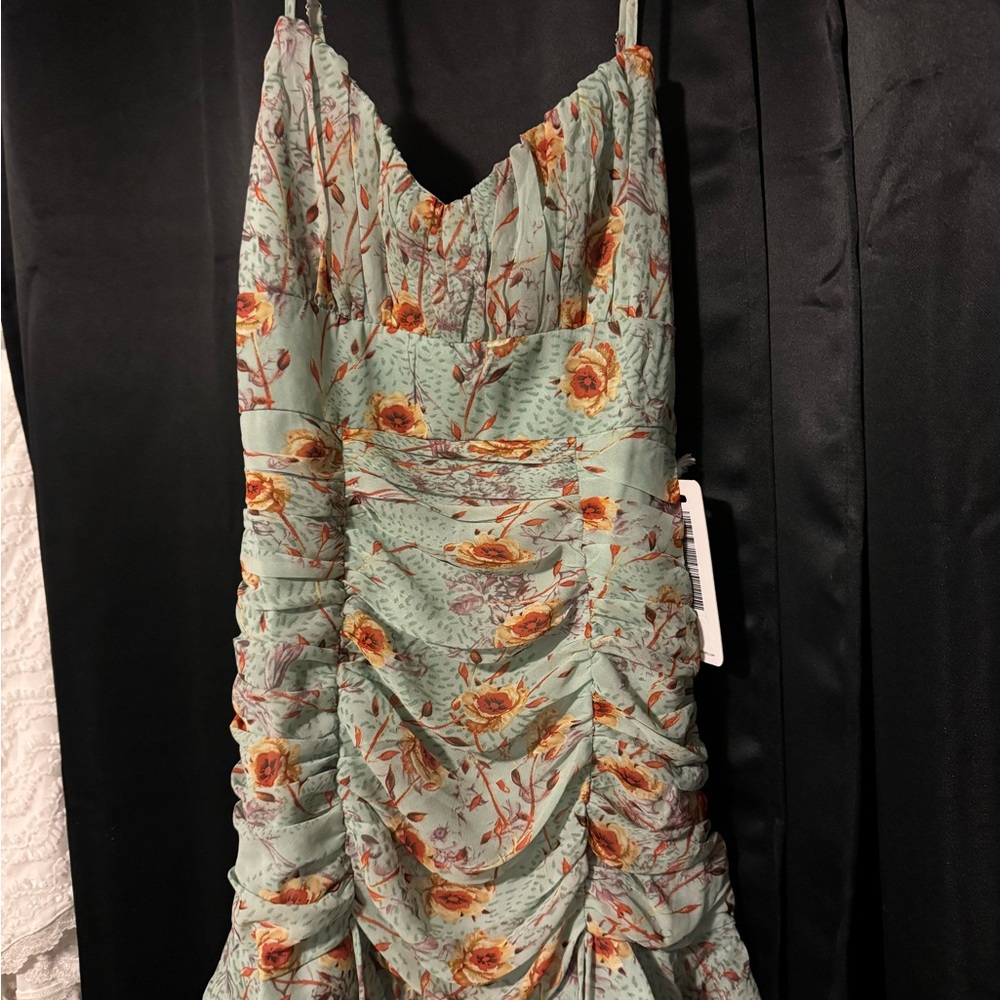 Floral Green Ruched Mini Dress